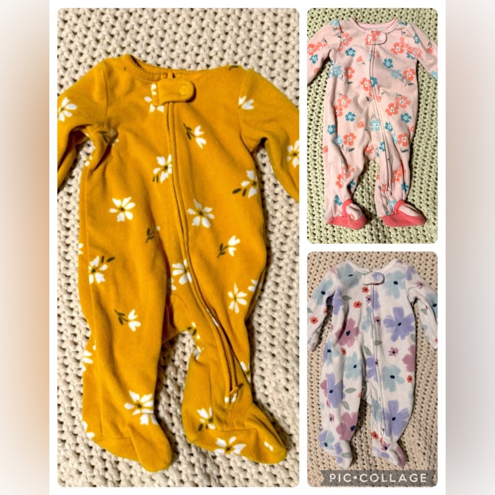 EUC 3 pack newborn girls fleece sleepers. Two way zip with built in footies.